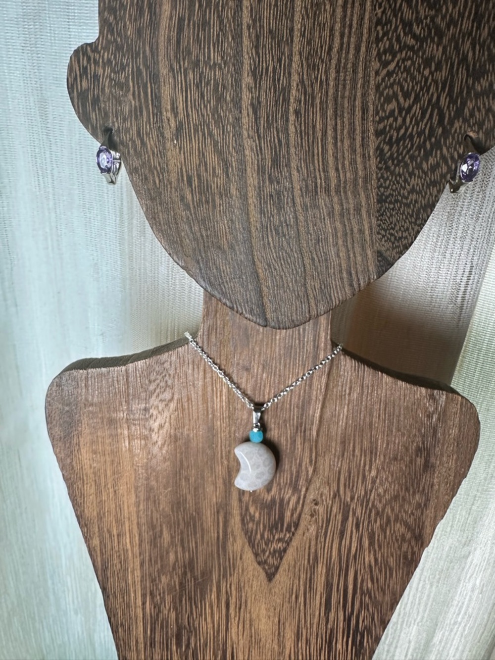 Small Coral Fossil Crescent Moon Charm Pendant Necklace, Amazonite and Silver - Picture 3 of 13